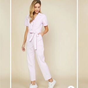 Skies Are Blue Short-Sleeve Utility Jumpsuit in Pale Lavender Pink